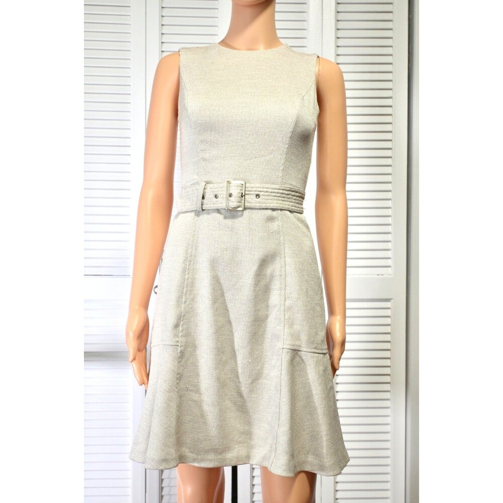 White House Black Market Ivory Belted Dress Sleeveless Fit Flare Size 00